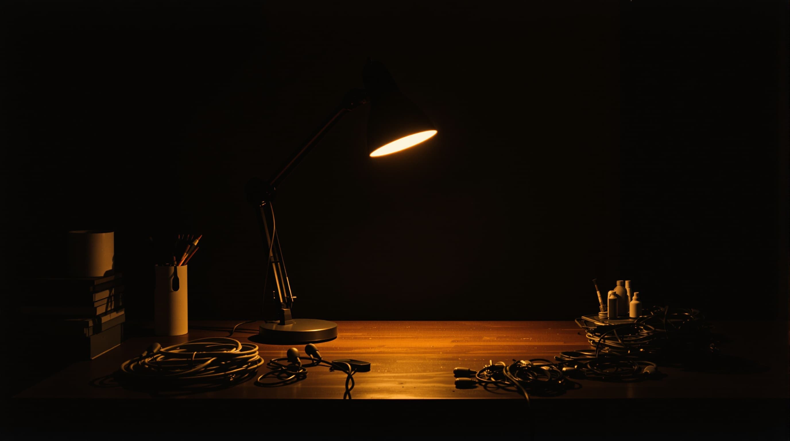 A workshop bench at night: a single warm phosphor-amber desk lamp casts a focused pool of light on a dark wood surface; ordered cable bundles and a small jar of pencils sit in the deep shadow around it.