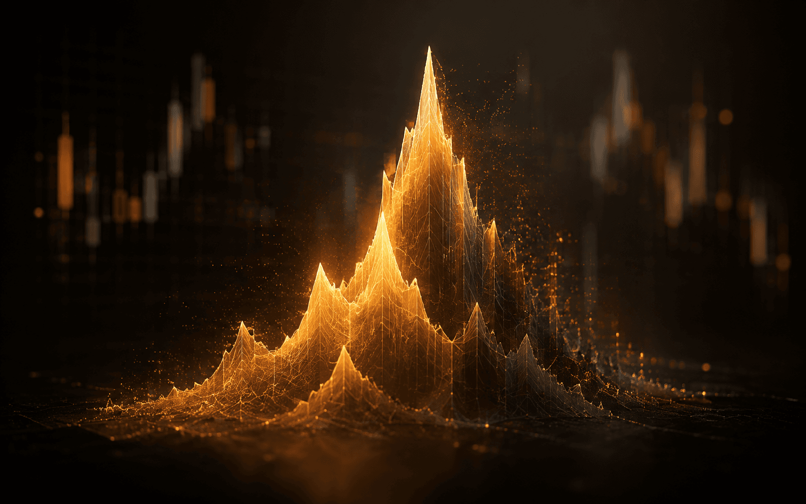 Macro Analysis Skills: a glowing amber chart-shaped form rising out of darkness, its edges breaking apart into drifting particles where the evidence runs out.