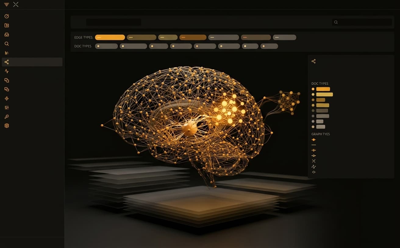 Friday-ai: a glowing amber knowledge graph shaped like a brain, floating above layered document records in the memory explorer.