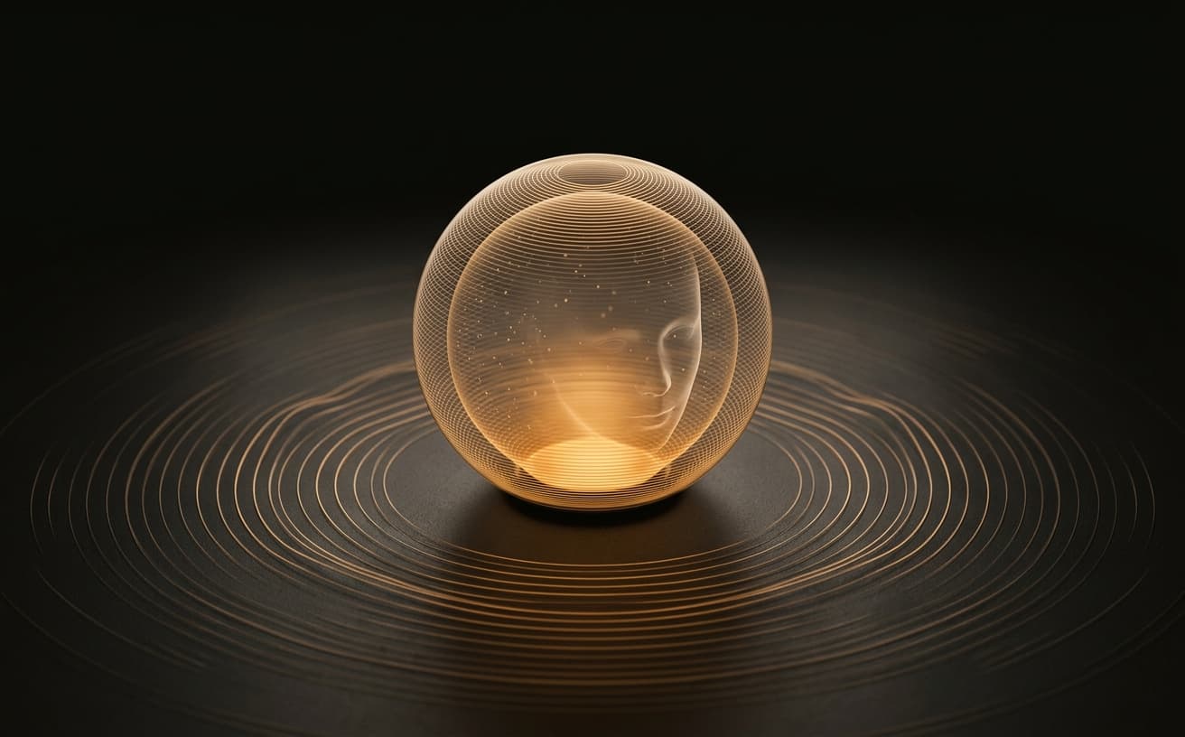 Friday-nexus: a glowing translucent voice orb with a faint face forming inside, ringed by concentric audio waveforms.