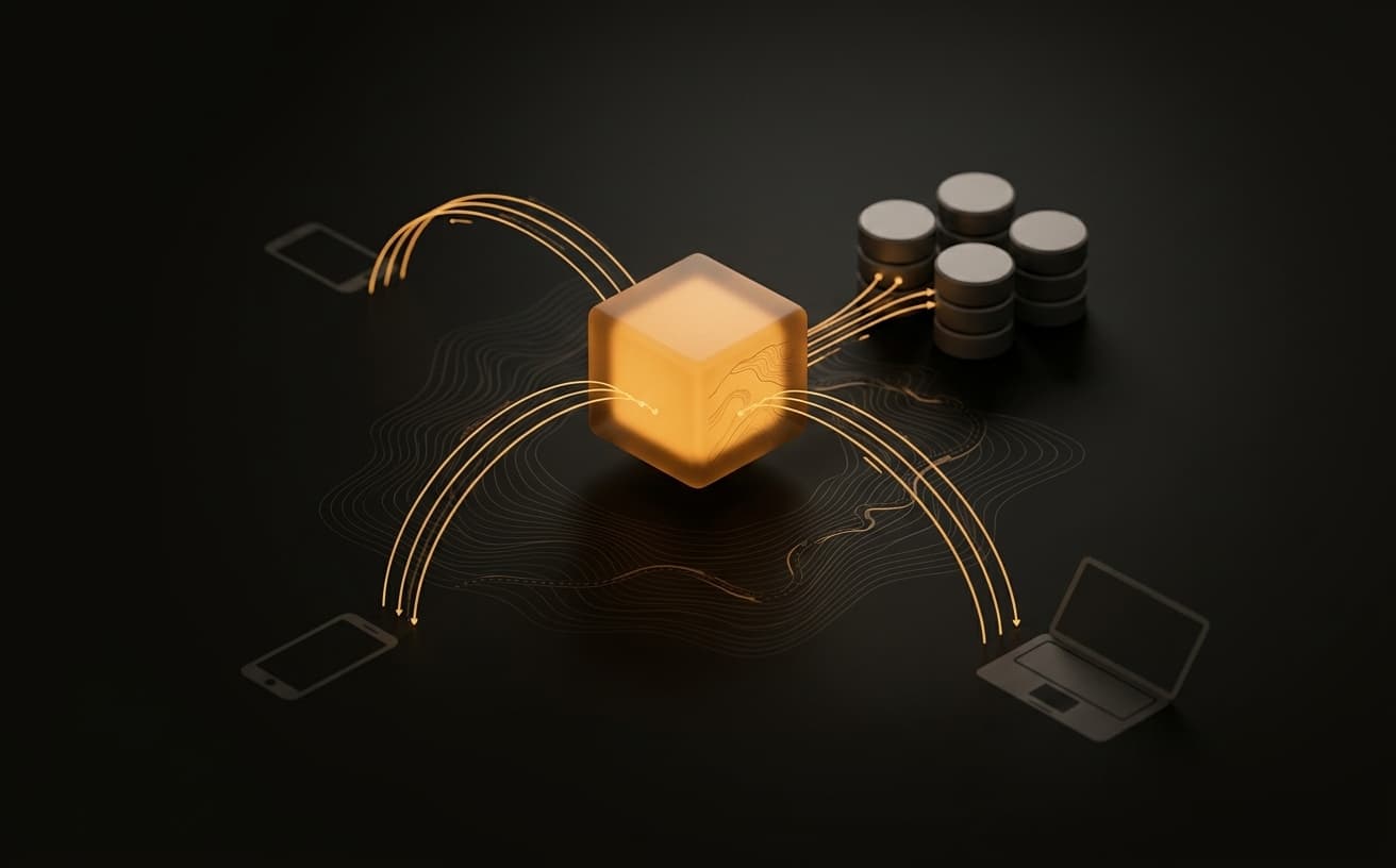 Abstract illustration of the Ad4x4 backend: a glowing amber core routing data to a phone and a laptop, with database cylinders and faint route contours.