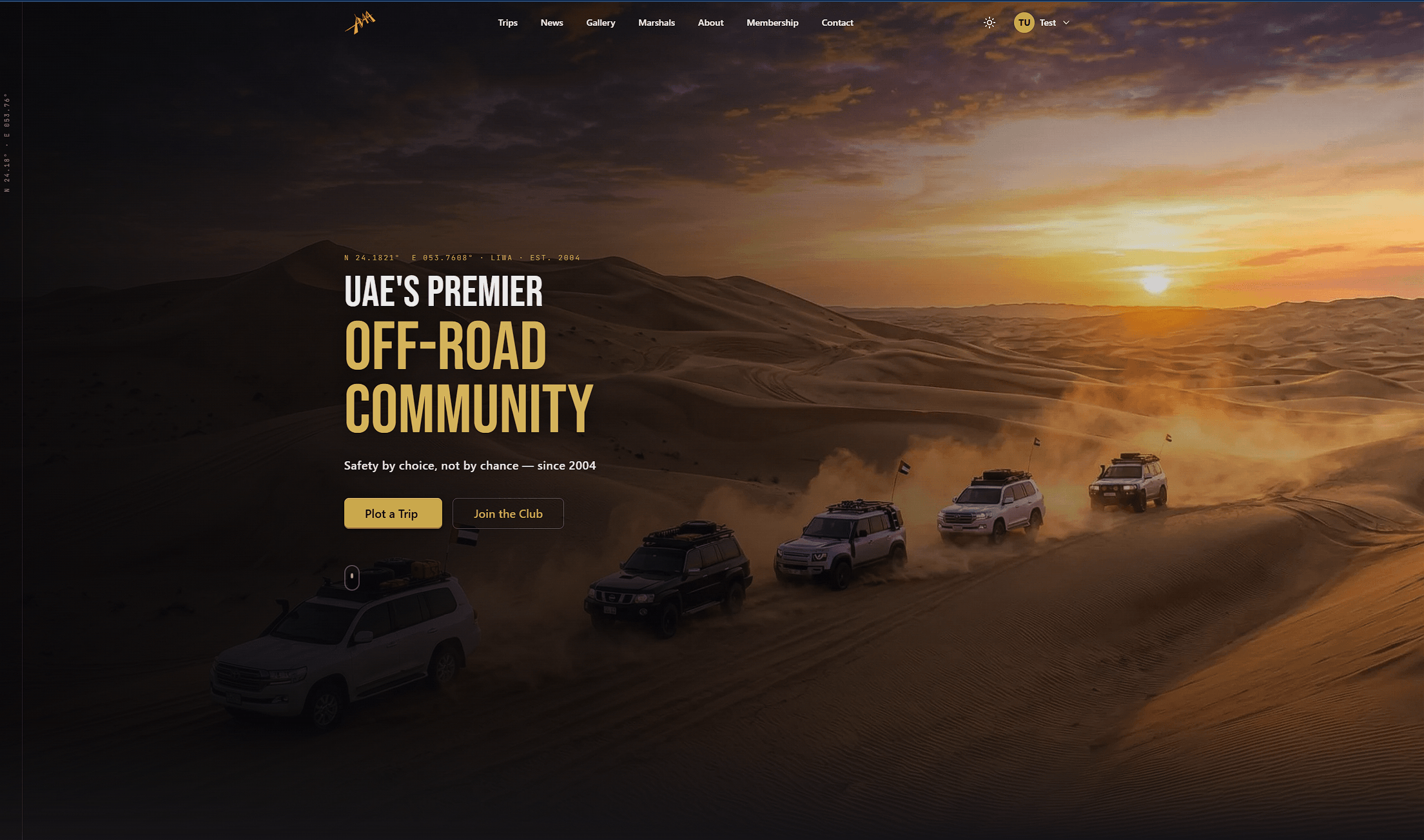 The Ad4x4 website: a convoy of 4x4s crossing the dunes at sunset under the heading UAE's premier off-road community.