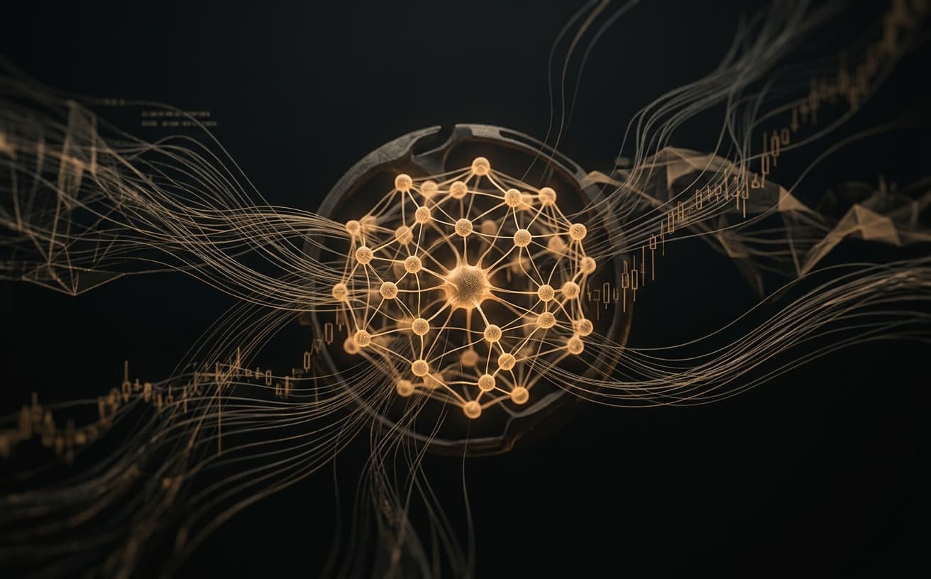 Abstract illustration of Alpha Neural: a glowing amber neural network with faint market-data streams flowing through it on a dark background.