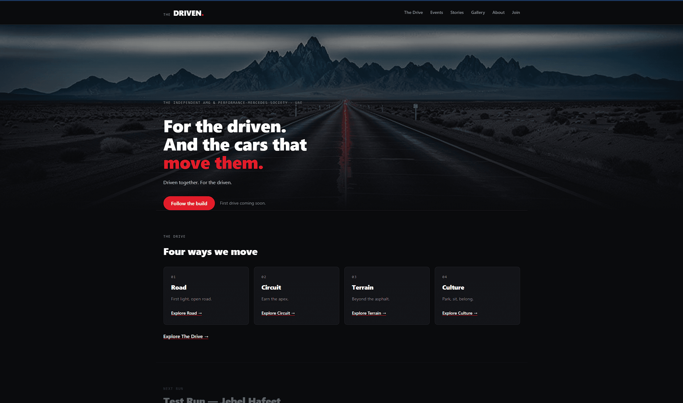 The Driven website: a desert highway at dusk under the heading 'For the driven, and the cars that move them.'