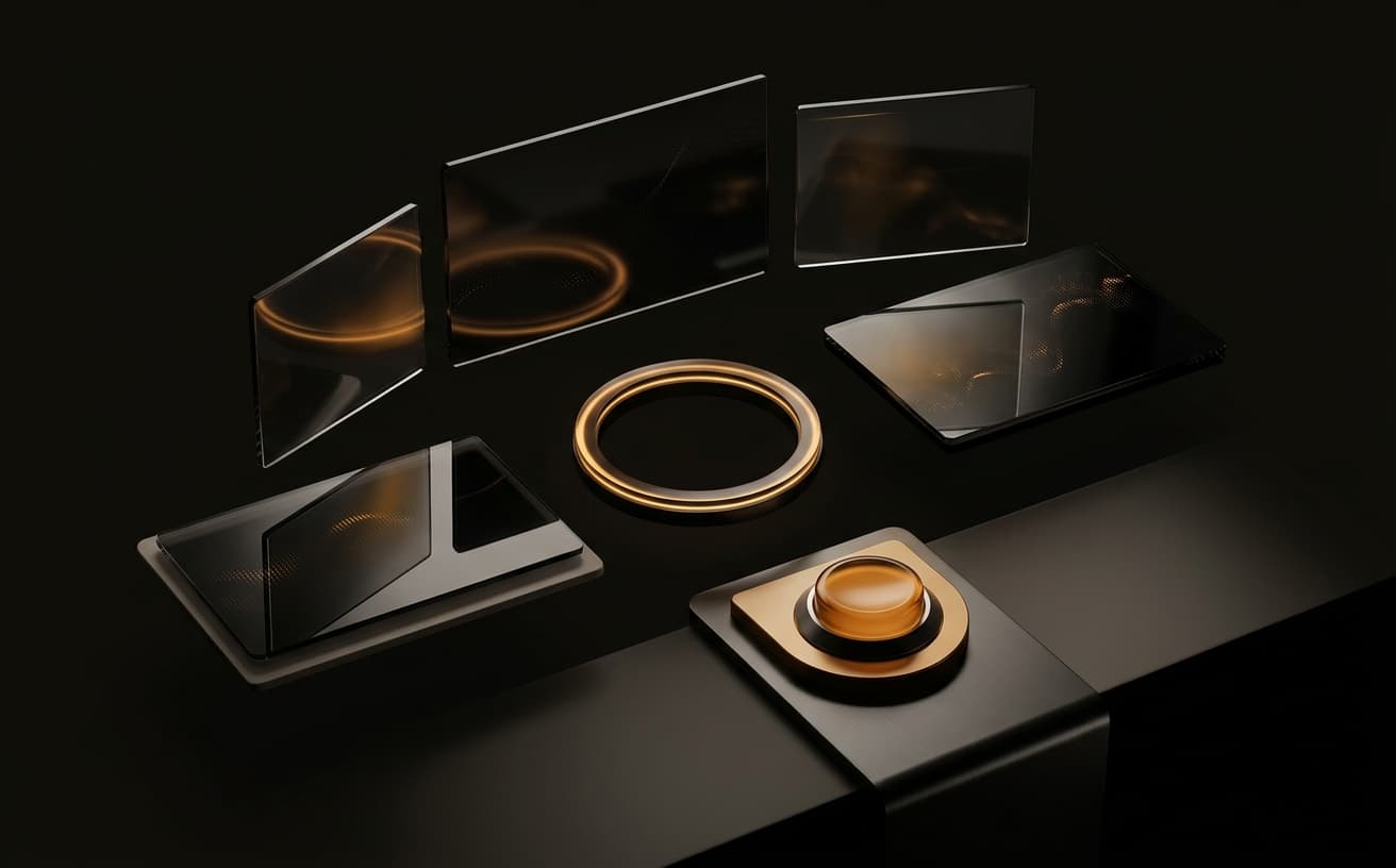 Abstract illustration of DayTraders Desk: dark floating control panels around a central amber ring and a glowing approval button.