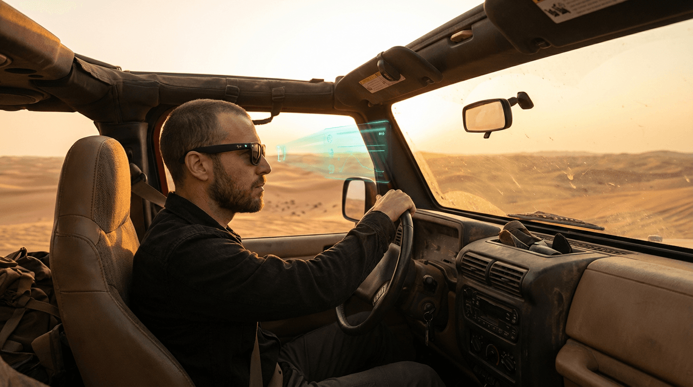 Friday Vision: a driver crossing the desert in Meta Ray-Ban smart glasses, with an AI overlay across the view.