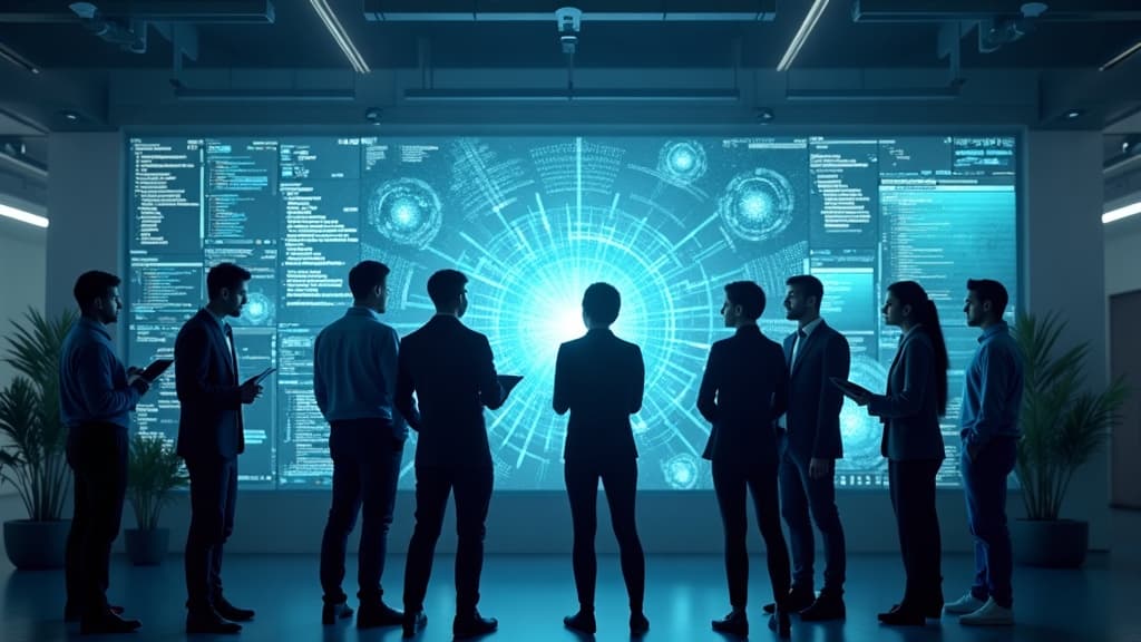 Ze Council: a board of figures before a large glowing data display, standing in for a panel of expert agents.
