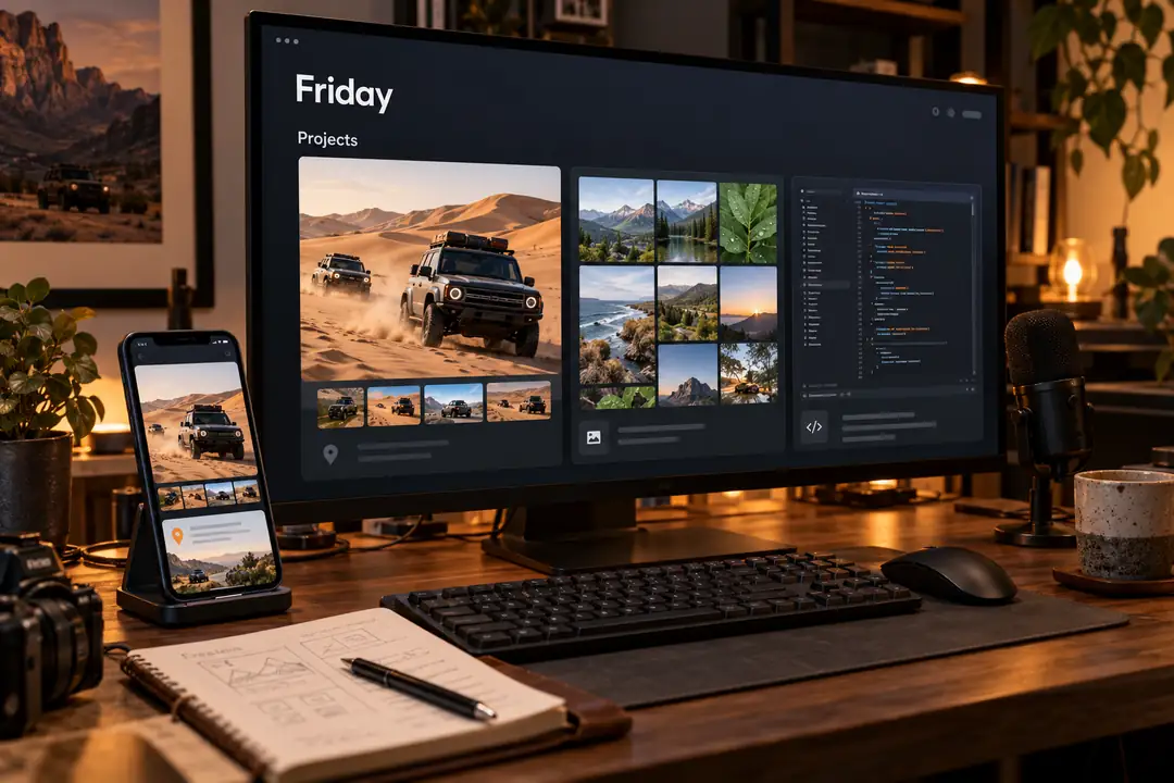 Illustrative creator’s workspace connecting off-road community software, photography and coding through Friday.