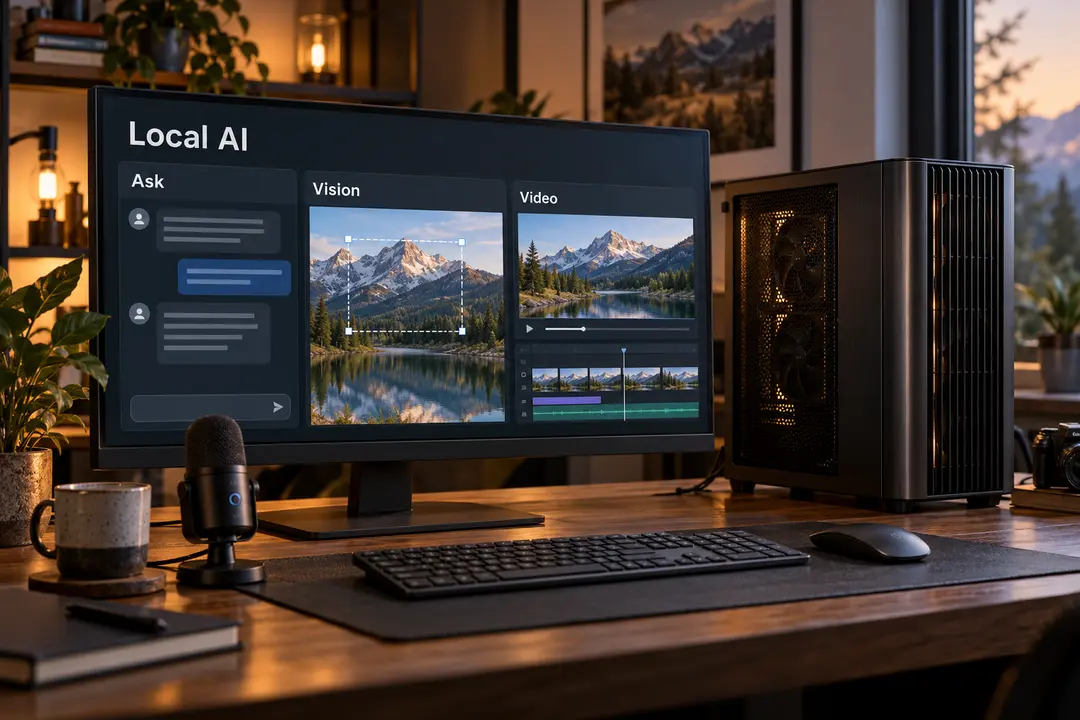 Illustrative local AI workstation with conversation, image understanding and video tools.